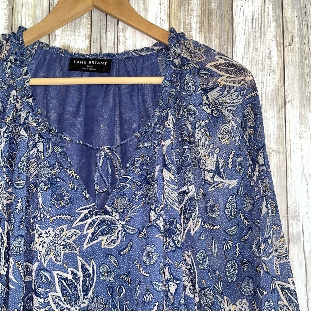 Lane Bryant Lurex Floral Blouse Blue Metallic V-Neck Ruffle Top Size 18/20 - Picture 3 of 6